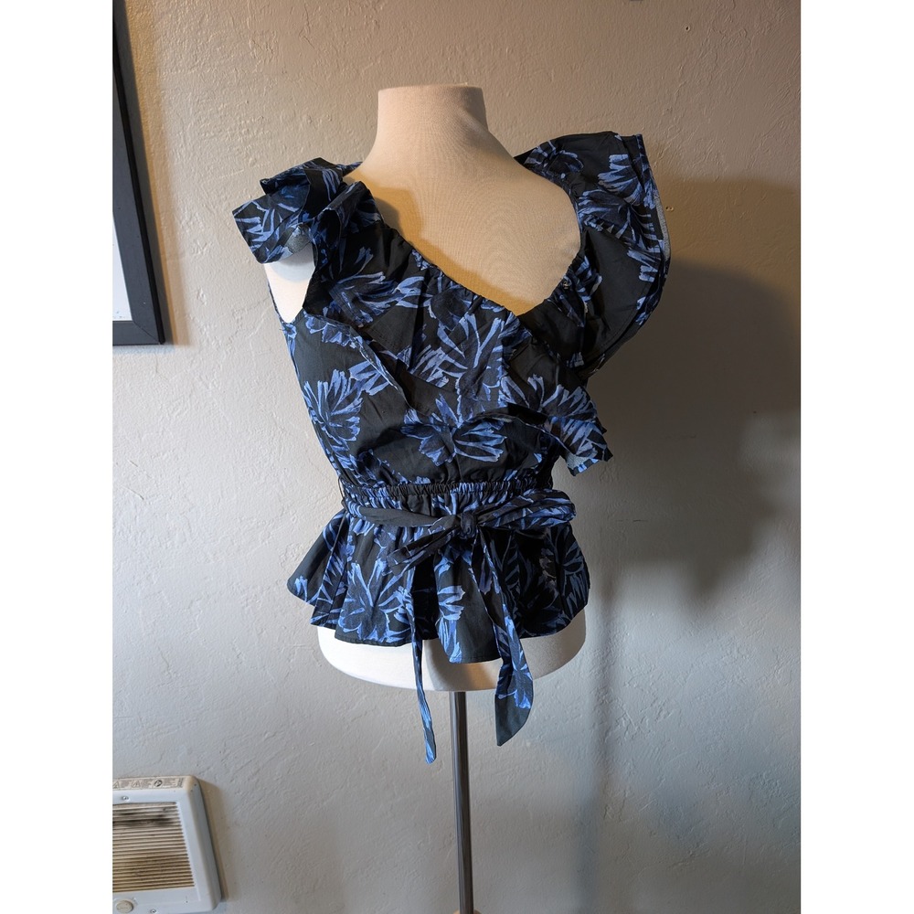 Who What Wear Black and Blue Peplum style ruffle sleeve floral blouse sz S